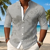 cheap Tropical Plants-Men&#039;s Plants Tropical Leaf Shirt Button Up Shirt Stand Collar Shirt Long Sleeve Hawaiian Outdoor Vacation Daily Spring Fall Mandarin Collar Band Collar 3D Print Linen Like Shirt Light Blue Blue