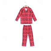 baratos Conjuntos iguais para a família-Olhar de família Pijamas Xadrez Casa Imprimir Vermelho Manga Longa Ativo Roupas Combinando