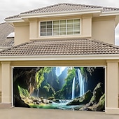 お買い得  ガレージとドアのバナー-ガレージドアカバー 大きな吊り下げ 森林 滝状吐水タイプ 田園風 3D パーティー 屋外 撮影背景 玄関 装飾壁ドア背景