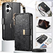 baratos Capas para iPhone-telefone Capinha Para iPhone 16 15 14 Pro Max Plus 16e 13 Pro Max Capa para Cartão Wallet Capa articulada Zíper com cordão com pulseira Árvore flor floral TPU Couro PU