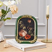 cheap Sculptures-Gold 3D Rose Photo Frame with Green Arched Border, Hand-Painted Resin Picture Frame for Home Decor, Display Photos in Living Room, Bedroom, Study or Entryway