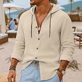 preiswerte Urlaub-Herren Hemd Leinenhemd Strandbekleidung Knopfhemd Kapuzenhemd Einfach Urlaub Lässig Schwarz Weiß Blau Grün Langarm Mit Kapuze Sommer Frühling &amp; Sommer Bekleidung Knöpfe