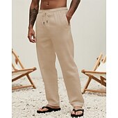 billiga Semester-Herr Linne Byxor Långbyxor Sommarbyxor Strandbyxor Snörning Ficka Elastisk midja Slät Komfort Andningsfunktion Semester Dagligen Helgdag Hawaiisk Boho 다크 카키 Svart