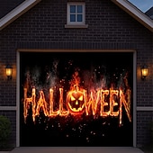 abordables Housse de porte de garage-Couverture de porte de garage d'Halloween, bannière de lanterne de citrouille maléfique, tapisserie de fond de visage de lanterne de Jack O'Lantern lumineuse pour décoration murale ou de clôture