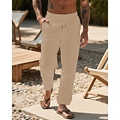 billiga Semester-Herr Linne Byxor Långbyxor Sommarbyxor Strandbyxor Snörning Ficka Elastisk midja Slät Komfort Andningsfunktion Semester Dagligen Helgdag Hawaiisk Boho 다크 카키 Svart