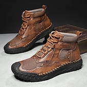 baratos Botas de cano curto-Botas casuais masculinas de couro sintético marrom de cano alto com sola de borracha antiderrapante - calçados duráveis para caminhadas ao ar livre, viagens e uso diário