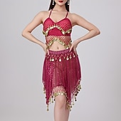 abordables Tenues de danse du ventre-Danse du Ventre Jupes Jeton en cuivre Couleur unie Épissage Femmes Performance Entraînement Sans manches Haut Polyester