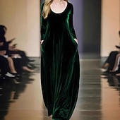 preiswerte Frauen schwarzes Kleid-Damen Maxikleid Shiftkleid Party Geburtstag Lässig Party Hochzeitsgast Geburtstag Normale Passform Einfach Langarm Rundhalsausschnitt Schwarz Rote Blau Grün Frühling Herbst Winter
