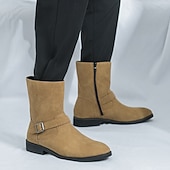 cheap Ankle Boots-Men&#039;s Khaki Faux Suede Mid-Calf Boots with Side Buckle Straps, Retro Cowboy Style Boots for Casual Outfits and Party Occasions