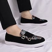 Herre denim loafers med dobbel munk stropp og etnisk trykk – moteriktige, uformelle slip-on-sko for urban stil, fester og vårantrekk billige Uttalelsessko-Herre denim loafers med dobbel munk stropp og etnisk trykk – moteriktige, uformelle slip-on-sko for urban stil, fester og vårantrekk
