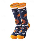 abordables calcetines caseros-Calcetines de algodón de Halloween, calcetines casuales de media pantorrilla que absorben la humedad con diseño de calabaza, medias de estilo urbano unisex de gran tamaño y de moda.