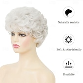 abordables perruque plus âgée-Perruques courtes blanches pour femmes, perruque bouclée avec frange, perruque de cheveux coupe lutin pour femme âgée pour cosplay, usage quotidien