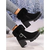 abordables Bottes de neige et d&#039;hiver-Bottines en daim gris pour femme, doublées de fourrure, chaudes, à talon épais et semelle crantée, avec fermeture éclair latérale pour l&#039;hiver