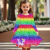 billiga 3D Shining Vision Klänning-Flickor 3D Regnbåge Enhörnings Klänning Långärmad Sommar Vår Semester Dagligen Helgdag Prinsessa Skön Ljuv Barn 4-12 år Vardagsklänning A linjeklänning Knälång Normal