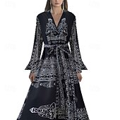 abordables Robes fleuries élégantes-Femmes Robe Longue Maxi Robe Robe évasée Robe Imprimée Mode Moderne Extérieur Vacances Sortir Coupe régulière Fleur manche longue Col en V Noir Automne