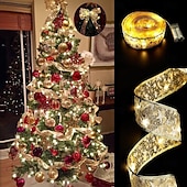 お買い得  木のアクセサリー-クリスマスリボンフェアリーライト 16/33フィート 100個のLEDストリングライト 電池式 2インチゴールドホイルリボン 温白色のきらめきホタルライト付き 室内用 星空 ホリデーデコレーション クリスマスツリー用