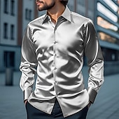 cheap Men's Satin Shirts-Men's Shirt Silk Like Satin Shirt Dress Shirt Casual Shirt Button Up Shirt Plain Streetwear Wedding Yellow Red Navy Blue Gray Long Sleeve Lapel Spring &amp;  Fall All Seasons Clothing Apparel