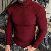 billiga tröja för män-Herr Pullover tröja Stickad tröja Ribbad Sticka Vanliga toppar Stickat Slät Polokrage Mode Grundläggande Semester Dagliga kläder Kläder Höst Vinter Vin Svart M L XL