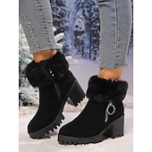 abordables Bottes de neige et d&#039;hiver-Bottines en daim gris pour femme, doublées de fourrure, chaudes, à talon épais et semelle crantée, avec fermeture éclair latérale pour l&#039;hiver