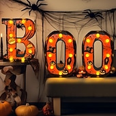 billige Dekorative lys-Halloween-dekorasjoner innendørs - 3 LED-telt med lysende bokstaver, svart boo-skilt, halloween-bokstavlys til hjemmet, innendørs kjøkken, peis, festbord, dekorutstyr