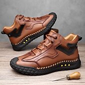baratos Botas de cano curto-Tênis casual masculino de cano alto em couro sintético marrom com sola de borracha antiderrapante – calçado esportivo confortável com cadarço para caminhadas ao ar livre, viagens e uso diário