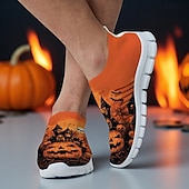 tanie Buty dla mężczyzn-Męskie pomarańczowe, wsuwane trampki Flyknit z nadrukiem dyni w stylu nawiedzonego domu – codzienne buty na festiwal Halloween, idealne na nocne imprezy, cosplay i wydarzenia na świeżym powietrzu