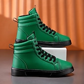 cheap Men&#039;s Sneakers-Men&#039;s Green Faux Leather High-Top Sneakers with Black Sole, Fashion Lace-Up Casual Shoes for Streetwear, Parties and Daily Wear