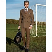 Men's Business Casual Wedding Suits Peaked Lapel Brown Formal Solid Colored Slim Fit 2 Piece Double Breasted Six-buttons3