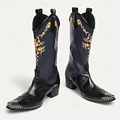cheap Premium Leather Boots-Men's Navy and Black Cowboy Boots with Gold Embroidery – Elegant Western Boots for Stage Performances, Country Celebrations and Themed Parties