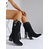 abordables Cowboy et bottes occidentales-Bottes western noires à franges pour femmes – bottes de cow-girl mi-mollet avec boucle cloutée et talon bloc pour rodéo, concerts country et tenues d&#039;automne