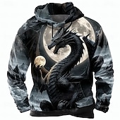 baratos Estampa animal-Homens Dragão 3D Moletom Legal Festa Gola Redonda Bandagem Streetwear Roxo Verde Com Cordão Outono Inverno Designer