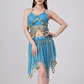 abordables Tenues de danse du ventre-Danse du Ventre Jupes Jeton en cuivre Couleur unie Épissage Femmes Performance Entraînement Sans manches Haut Polyester