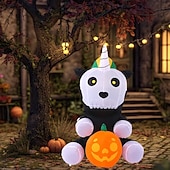 olcso Halloween szabadtéren-1 db 1,5 m-es halloweeni felfújható légmodell ülő csontváz unikornis led világító felfújható fólia udvari dekorációs dísz