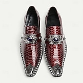 abordables Mocassins en cuir de qualité supérieure-Mocassins en cuir à motif crocodile bordeaux pour hommes avec boucle en métal et détail de pierres précieuses, chaussures habillées de luxe pour mariages, fêtes et occasions formelles