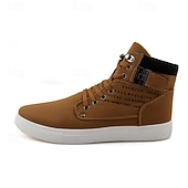 cheap Men&#039;s Sneakers-Men&#039;s Tan Faux Leather High-Top Sneakers with Lace-Up Design, Stylish Casual Shoes for Walking, Work and Weekend Outfits