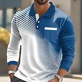 billiga Geometrisk pikétröja för män-Herr Geometrisk Polo Långärmad Polotröjor Kavajslag Ledigt Business Casual Fritids- Dagliga kläder Ficka 3D-utskrift Knappar Vår Höst Svart Rubinrött Blå