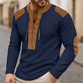 economico T-shirt in maglia waffle-Per uomo Maglietta Maglia Henley Maglietta a Maglia Waffle Camicia a Maniche Lunghe Manica Lunga Collo alla coreana Collo con lacci Primavera &amp; Autunno Blocco di colori Moda Designer Essenziale