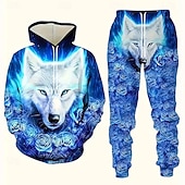 billige Herre 3D Sweatshirt Sett-Herre Dyr Ulv 2stk 3D-genseresett Joggedress Hettegenser Langermet Lange bukser Med hette Fritid hverdag treningsklær 3D-utskrift Vår Høst Vinter Svart Blå