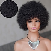 abordables Perruques sans bonnet-Perruque courte bouclée afro 1b# fabriquée à la machine, 10 pouces, pour femmes noires
