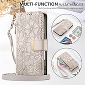 baratos Capas para iPhone-telefone Capinha Para iPhone 16 15 14 Pro Max Plus 16e 13 Pro Max Capa para Cartão Wallet Capa articulada Zíper com cordão com pulseira Árvore flor floral TPU Couro PU
