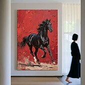 お買い得  動物画-オリジナルの赤黒の質感のある馬の油絵、キャンバスに描かれた野生の種馬の壁アート、馬のパレットナイフのアートワーク、モダンで大胆な乗馬の装飾