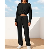 abordables Chándales-Mujer Conjuntos de chándal con jersey Conjuntos deportivos casuales Conjuntos de salón de 2 piezas Perneras anchas Color sólido Trajes de Yoga Primavera Negro Verde Ejército Al Aire Libre Viaje Correr