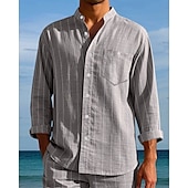 economico Camicie di lino-Per uomo Camicia Camicia di lino Camicia casual Camicia con Bottoni Camicia di cotone A righe Vacanza Camicia hawaiana Nero Bianco Blu reale Cachi Manica Lunga Colletto alla coreana Primavera Autunno