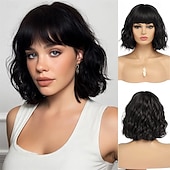 economico Parrucche trendy sintetiche-parrucche corte argentate per donne, parrucca bob ondulata grigia sfumata con frangia, capelli sintetici di media lunghezza, parrucca con radici scure e onde d&#039;acqua, parrucche grigie colorate