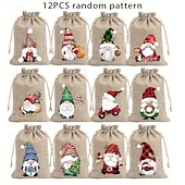 tanie Pakowanie prezentów-Zestaw 12 świątecznych torebek prezentowych z juty z losowymi świątecznymi wzorami, małe woreczki na upominki, idealne na święta Bożego Narodzenia i Nowy Rok