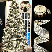 お買い得  木のアクセサリー-クリスマスリボンフェアリーライト 16/33フィート 100個のLEDストリングライト 電池式 2インチゴールドホイルリボン 温白色のきらめきホタルライト付き 室内用 星空 ホリデーデコレーション クリスマスツリー用