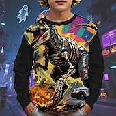billiga Pojkes Halloween kostymer-Halloween Pojkar 3D Tecknat Pumpa Dinosaurie T-shirt Långärmad Vår Höst Mode Grundläggande Barn 4-12 år Rund hals Utomhus Ledigt Dagligen Normal