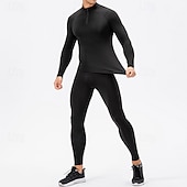 お買い得  トラックスーツ-男性用 ワークアウトスーツ ベースレイヤー上部と下部 2ピーススポーツセット フリース裏地付き ソリッド スーツウェア 秋冬 ブラック ホワイト スパンデックス ジム バスケットボール アスレチック ハイウエスト 速乾性 ウォーム 高通気性 長袖 スポーツ アクティブウェア マイクロエラスティック タイトフィット