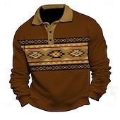 billiga Vintage Polo herr-Herr Grafisk Polo Långärmad Polotröjor Skjortor med krage Ledigt Nationell stil Fritids- Dagliga kläder 3D-utskrift Vår Höst Vinter Mörkbrun