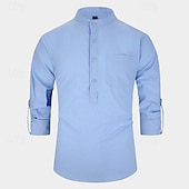 economico Camicie Popover da Uomo-Per uomo Camicia Camicia con colletto alla coreana Camicia popover Camicia casual Nero Bianco Giallo Rosso Blu marino Manica Lunga Semplice Henley Quotidiano Uscire Tasca Frontale Abbigliamento